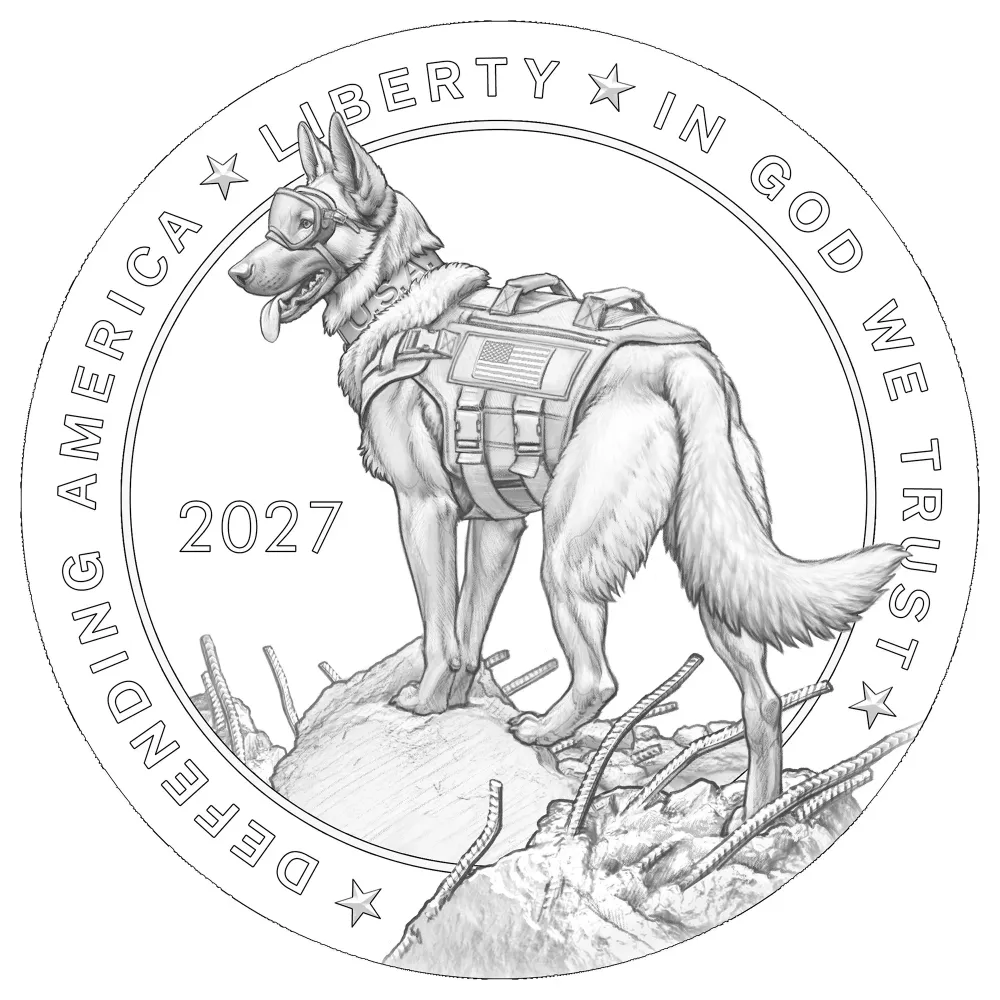2027 Working Dogs half dollar obverse line art showing a German Shepherd in a protective vest standing on rubble, inscribed DEFENDING AMERICA