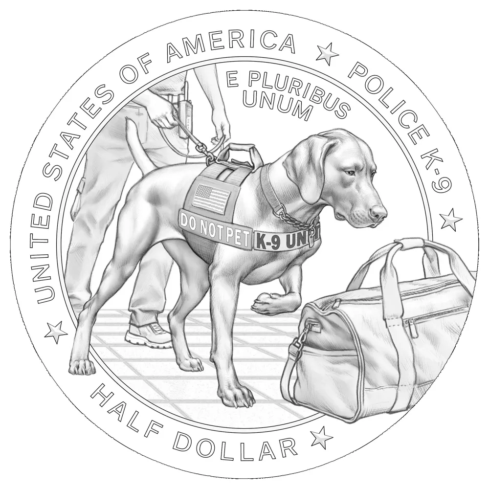 2027 Working Dogs half dollar reverse line art showing a German Shorthaired Pointer beside a duffel bag on an airport floor, inscribed POLICE K-9 and HALF DOLLAR