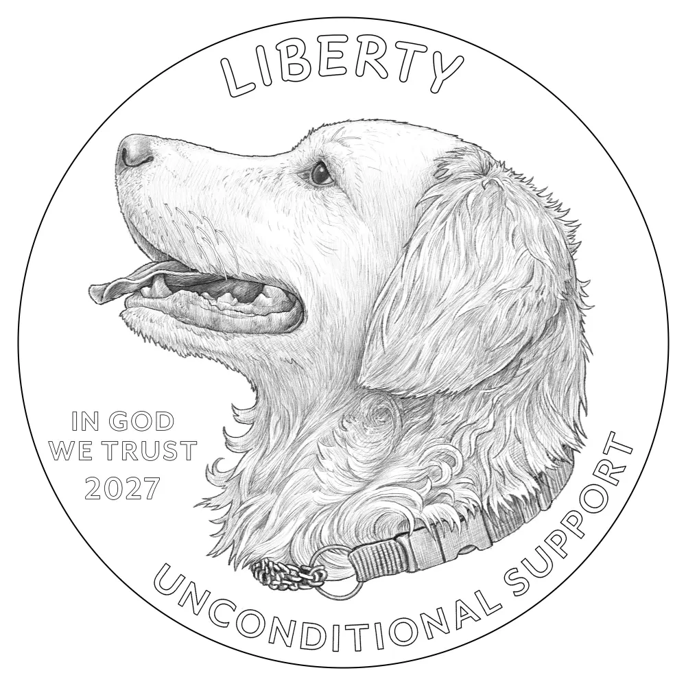 2027 Working Dogs $5 gold coin obverse line art showing a therapy dog in left facing profile with LIBERTY, IN GOD WE TRUST, 2027 and UNCONDITIONAL SUPPORT