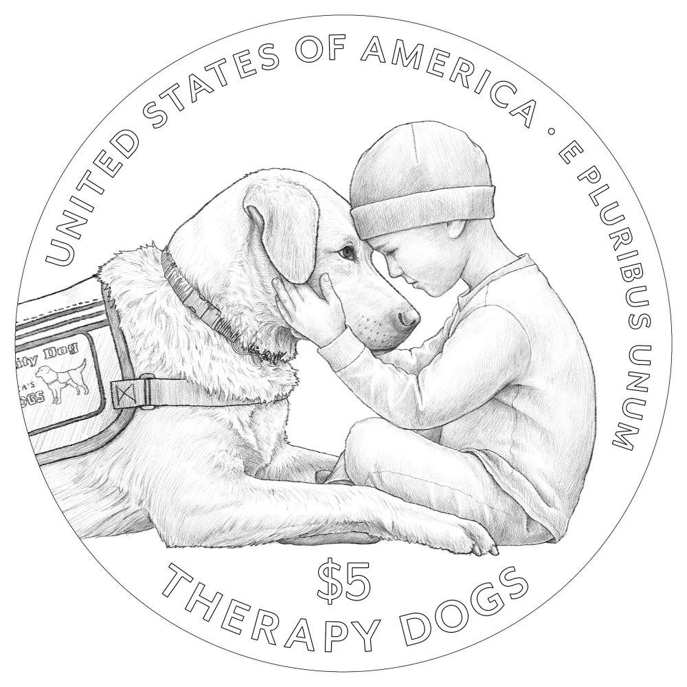 2027 Working Dogs $5 gold coin reverse line art showing a young child in a knit cap face to face with a therapy dog wearing a vest, inscribed $5 THERAPY DOGS