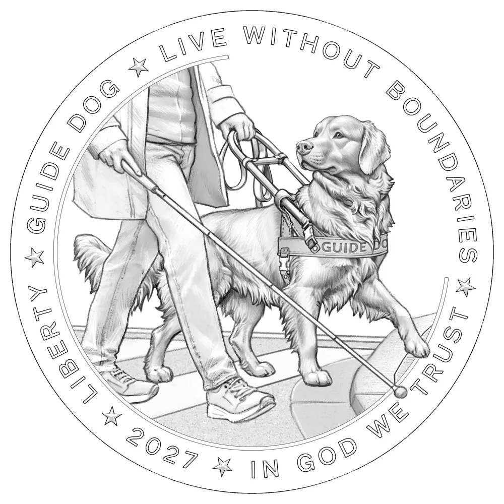 2027 Working Dogs silver dollar obverse line art showing a golden retriever guide dog in harness at a crosswalk curb with its handler, inscribed GUIDE DOG and LIVE WITHOUT BOUNDARIES