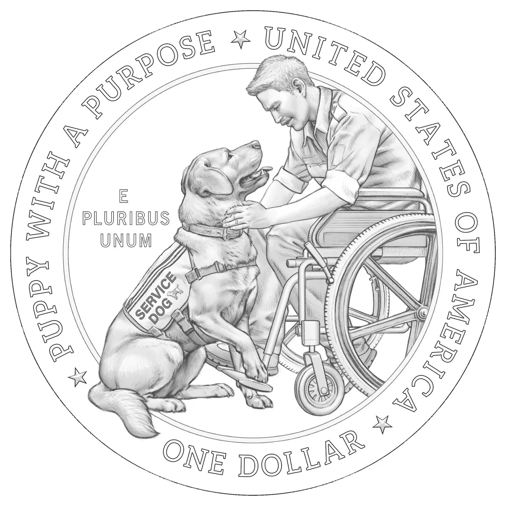 2027 Working Dogs silver dollar reverse line art showing a Labrador in a SERVICE DOG vest with a veteran in a wheelchair, inscribed PUPPY WITH A PURPOSE and ONE DOLLAR