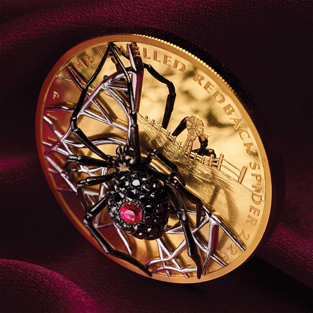 Detail of the Jewelled Redback Spider, black pavé diamonds on the abdomen around a hand set red ruby
