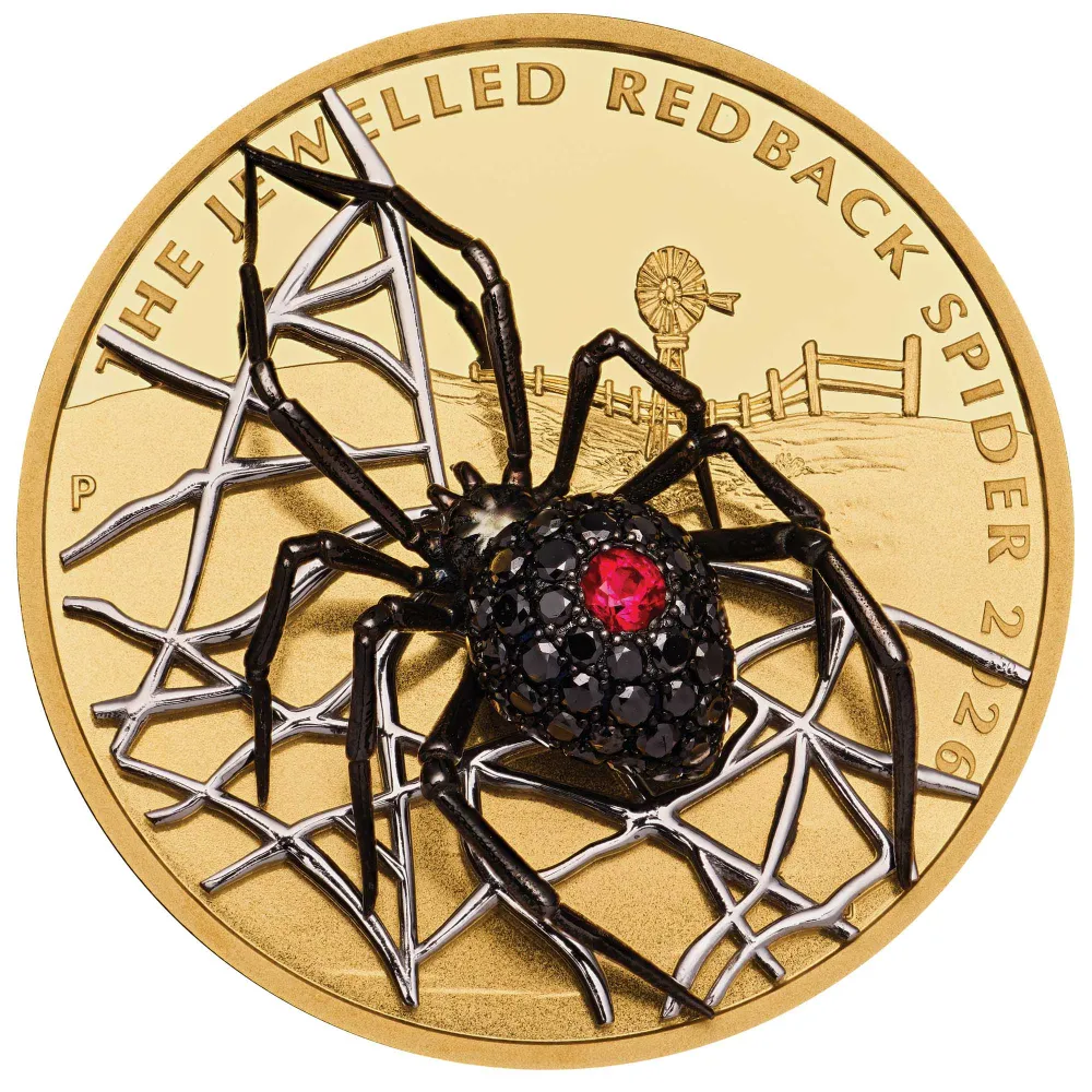 Jewelled Redback Spider 2026 2oz gold proof coin, reverse, showing a black diamond set gold redback spider with a red ruby stripe in a gold web