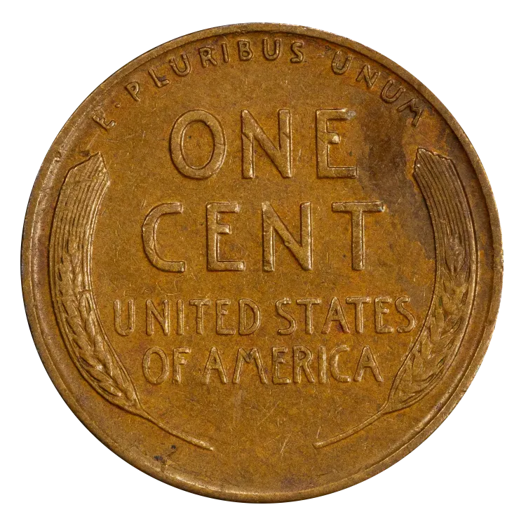Reverse of the 1943 bronze Lincoln cent, showing ONE CENT and UNITED STATES OF AMERICA between wheat ears