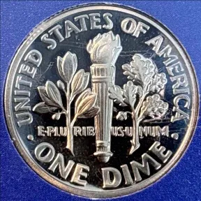 Reverse of the 2004-S proof Roosevelt dime showing the torch, olive branch and oak branch design inside the sealed lens