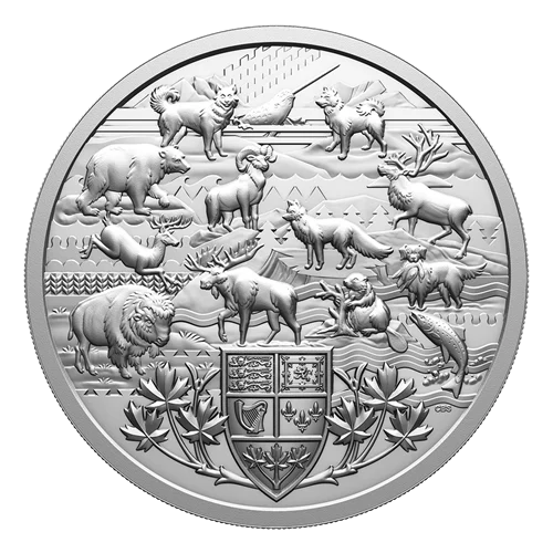 Heraldic Landscape: Animals of Canada 5 kg silver coin reverse showing the Arms of Canada shield framed by maple boughs and surrounded by 13 animals
