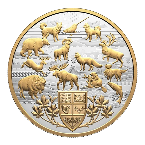 Heraldic Landscape: Animals of Canada 5 oz silver coin reverse with selectively gold plated animal emblems around the Canadian shield