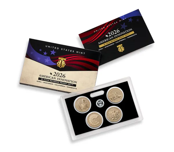2026 American Innovation Reverse Proof Set packaging with four golden dollar coins in a clear lens beside its red, white and blue sleeve