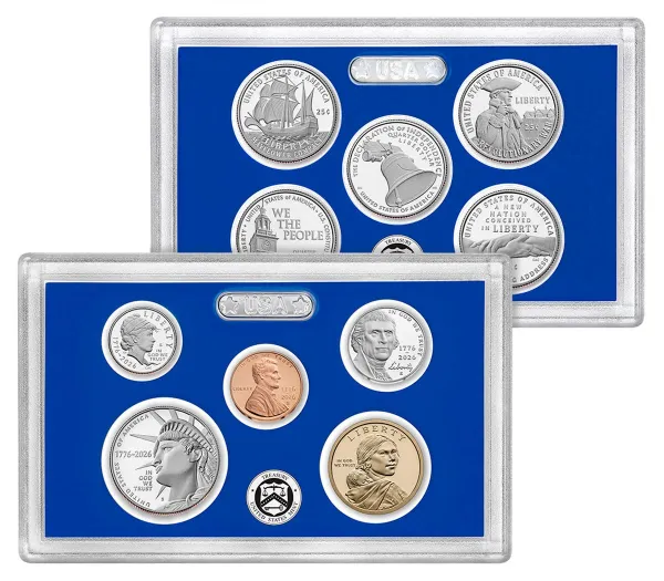 2026 Proof Set lens holding the five Semiquincentennial proof quarters, reverses showing the Mayflower, a Continental soldier, the Liberty Bell, Independence Hall and two clasped hands