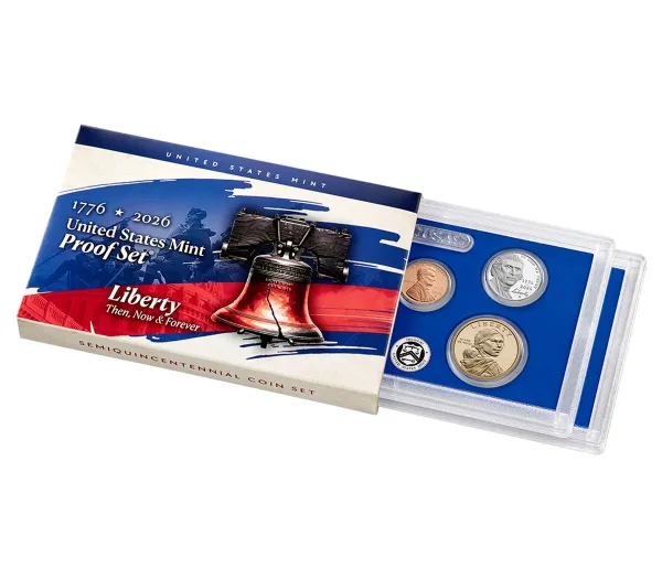 2026 Proof Set packaging showing two clear lenses of proof coins in a red, white and blue Semiquincentennial display folder