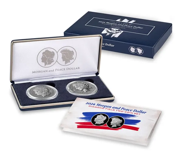 Morgan and Peace Dollar 2026 Diamond Field Two-Coin Set in its black presentation case with outer box and certificate of authenticity