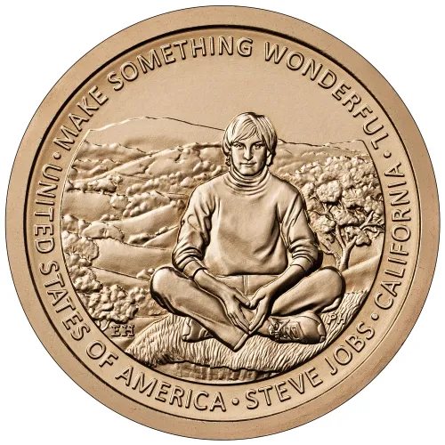 Reverse of the 2026 California American Innovation dollar showing a young Steve Jobs seated before rolling hills