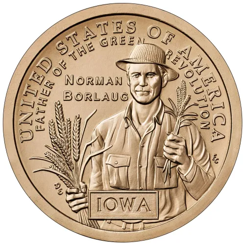 Reverse of the 2026 Iowa American Innovation dollar showing Dr. Norman Borlaug holding a sheaf of wheat