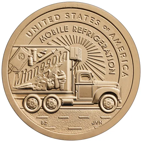 Reverse of the 2026 Minnesota American Innovation dollar showing a 1940s truck with a front mounted refrigeration unit