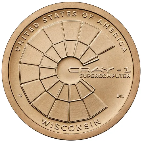 Reverse of the 2026 Wisconsin American Innovation dollar showing an aerial view of the C-shaped Cray-1 supercomputer