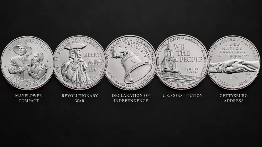 The five 2026 Semiquincentennial quarter reverses arranged in release order, ending with the Gettysburg Address design