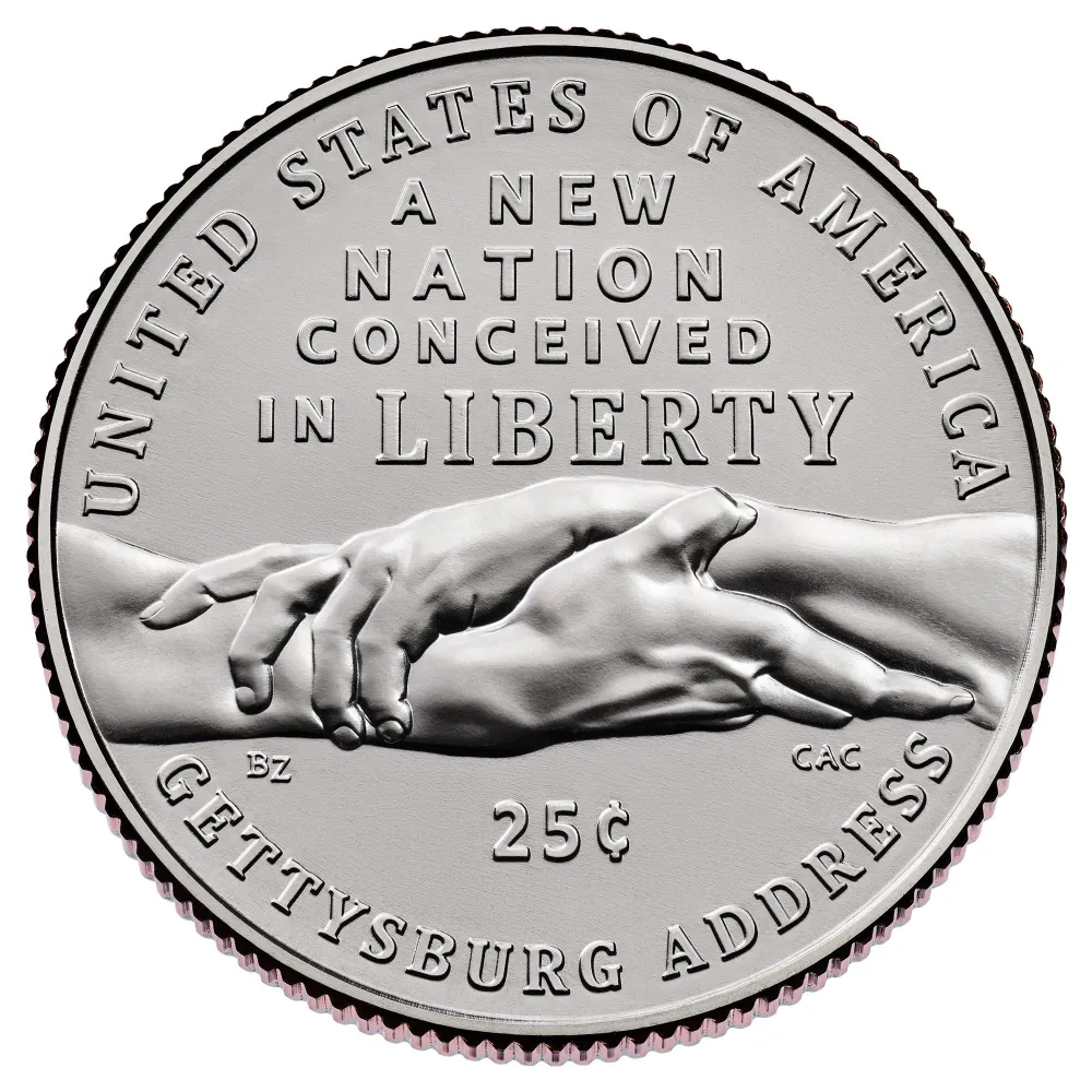 Gettysburg Address Quarter reverse showing two clasped hands beneath the inscription A NEW NATION CONCEIVED IN LIBERTY