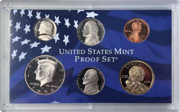 Complete 2004 U.S. Mint proof set lens showing six proof coins on a blue flag background, with the indented Roosevelt dime in the upper left position