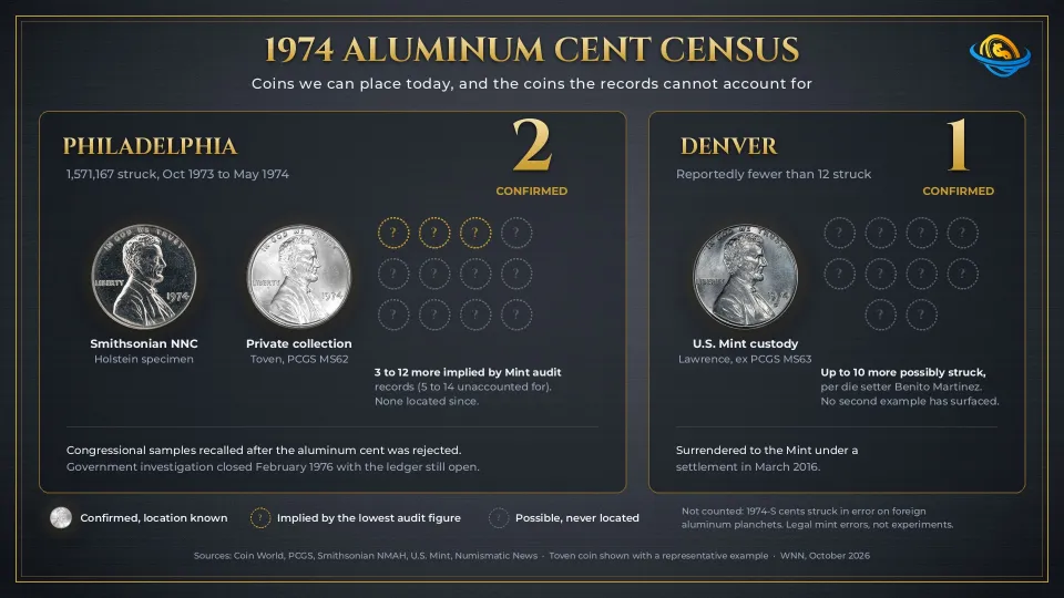 Infographic of 1974 aluminum cent survivors: 2 confirmed from Philadelphia, 1 from Denver, plus unaccounted pieces