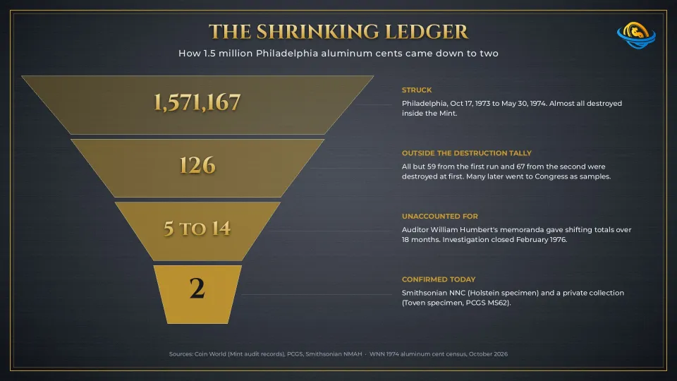 Funnel graphic: 1,571,167 aluminum cents struck, 126 outside the destruction tally, 5 to 14 unaccounted for, 2 confirmed