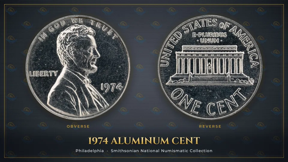 1974 Philadelphia aluminum Lincoln cent from the Smithsonian collection, obverse and reverse, bright silvery grey