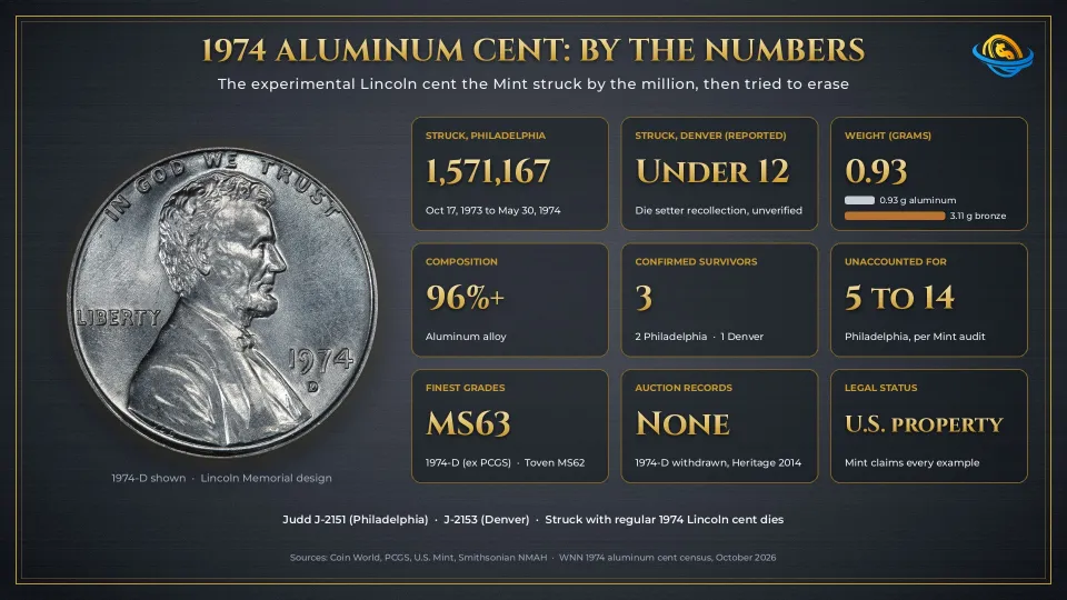 Fact sheet for the 1974 aluminum cent: 1,571,167 struck, 0.93 grams, 96%+ aluminum, 3 confirmed survivors