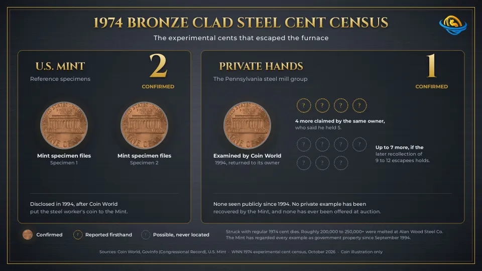 Infographic of 1974 bronze clad steel cent survivors: 2 held by the U.S. Mint, 1 examined in private hands, more reported