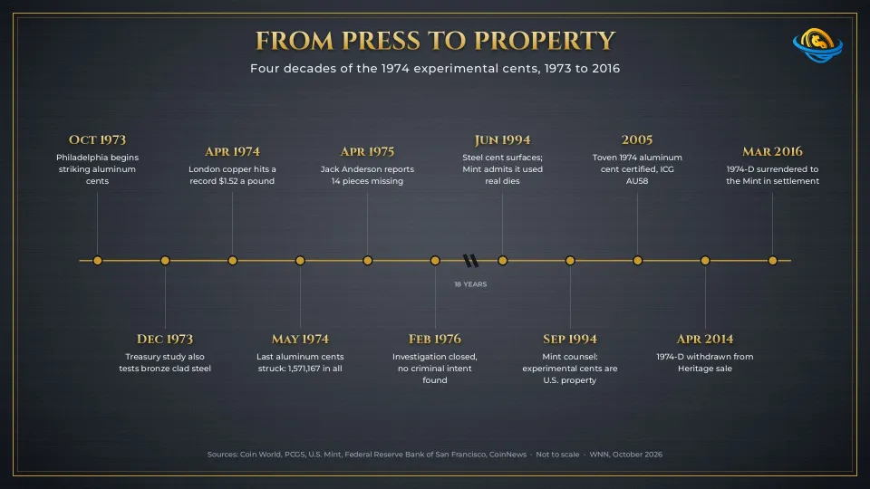 Timeline of the 1974 experimental cents from the first aluminum strikes in October 1973 to the March 2016 settlement