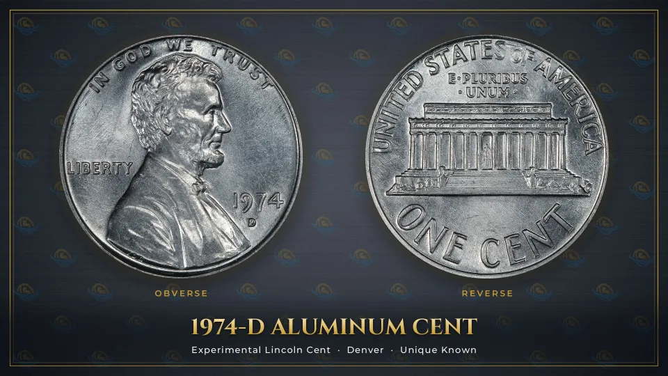 1974-D aluminum Lincoln cent shown obverse and reverse, silvery grey with a D mintmark below the date