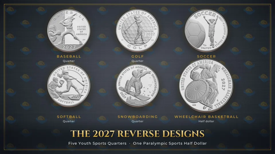 All six 2027 reverse designs in two rows: five Youth Sports quarters showing baseball, golf, soccer, softball and snowboarding, and the larger wheelchair basketball half dollar.