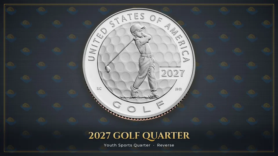 2027 golf quarter reverse: a young golfer at the finish of his swing against a background of golf ball dimples, with 2027 set into a notch and GOLF along the bottom rim.
