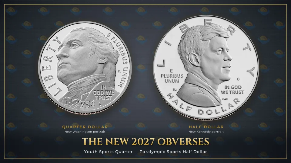 The two new 2027 obverses side by side at true relative size: George Washington with his head lifted and turned left on the quarter, and a right-facing John F. Kennedy on the larger half dollar.