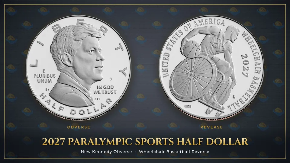 The 2027 Paralympic Sports half dollar shown obverse and reverse: a new right-facing portrait of John F. Kennedy beside a wheelchair basketball player holding the ball high in a sports wheelchair.