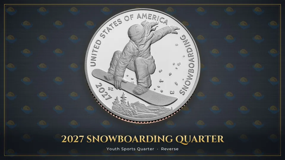 2027 snowboarding quarter reverse: a helmeted rider in mid-air gripping her board, hair streaming, above pine trees and a mountain ridge, with flecks of snow and SNOWBOARDING along the right rim.