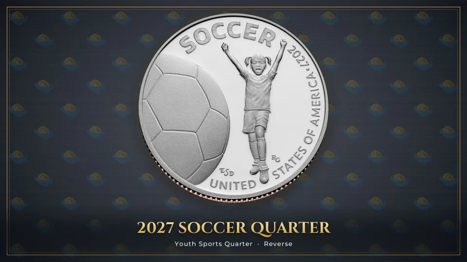 2027 soccer quarter reverse: a girl in pigtails with both arms raised in celebration beside an oversized soccer ball, SOCCER arched above.