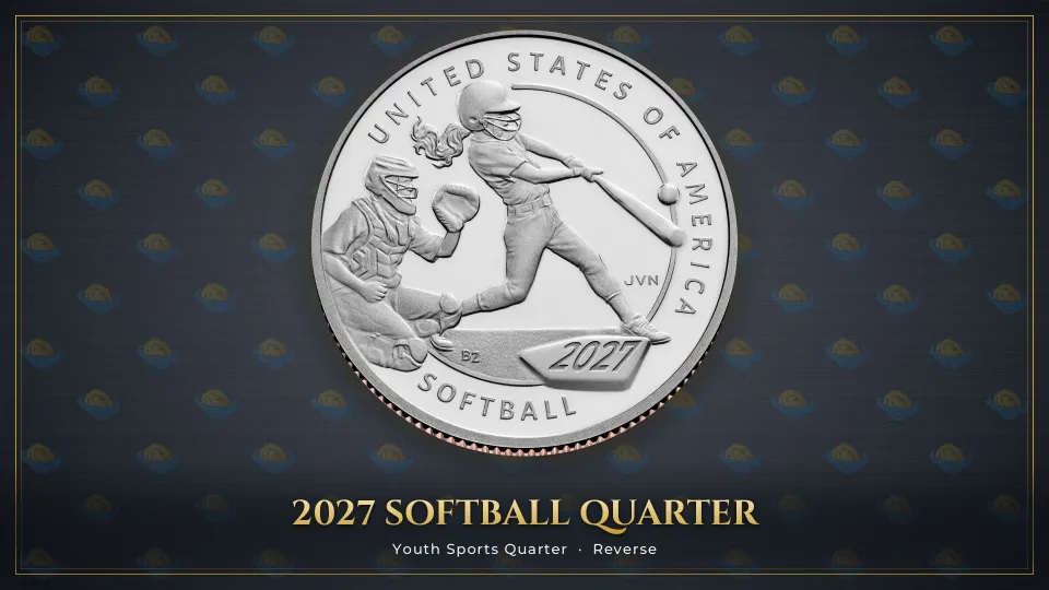 2027 softball quarter reverse: a batter mid-swing with her ponytail flying and a catcher behind her, with 2027 struck on home plate and SOFTBALL along the bottom rim.