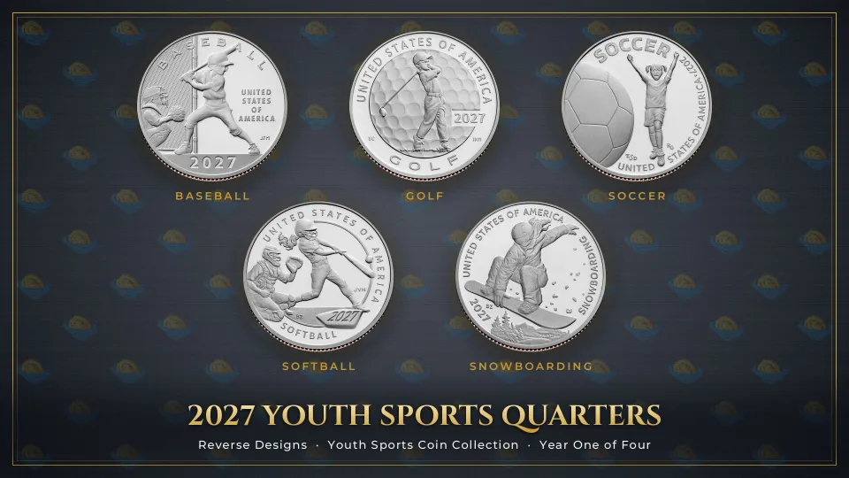 The five 2027 Youth Sports quarter reverses on a dark WNN plate, three over two, labelled baseball, golf, soccer, softball and snowboarding, under the title 2027 Youth Sports Quarters.