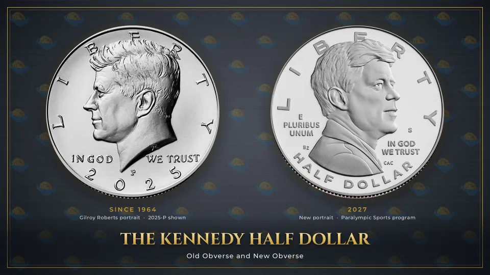 A 2025-P Kennedy half dollar with the left-facing Gilroy Roberts portrait, used since 1964, beside the 2027 half dollar with its new right-facing Kennedy portrait.